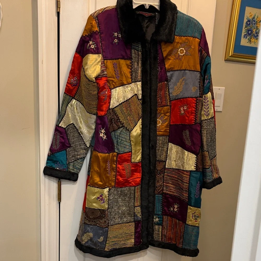 Vibrant Patchwork Vintage Mixed Media Coat - Art to Wear - Picture 8 of 15
